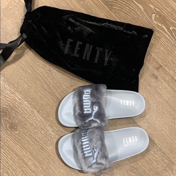 grey fur puma slides